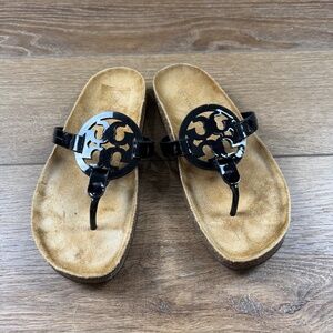 Tory Burch Miller Cloud Sandals Black Patent Leather Sz 7.5 Summer Designer